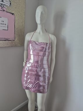 Pink Metallic Halter Mini Dress
